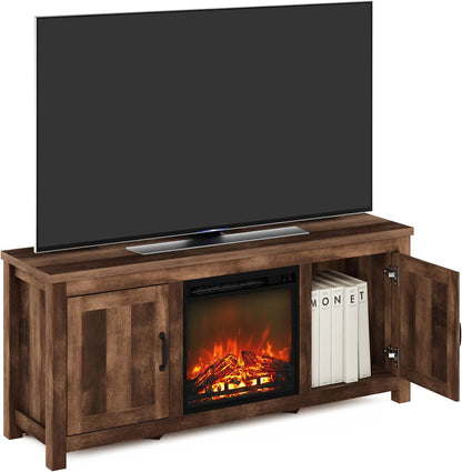 Farmhouse Fireplace TV Stand – Rustic Entertainment Center with Storage Cabinet & Cozy Electric Fireplace