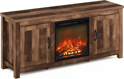 Farmhouse Fireplace TV Stand – Rustic Entertainment Center with Storage Cabinet & Cozy Electric Fireplace