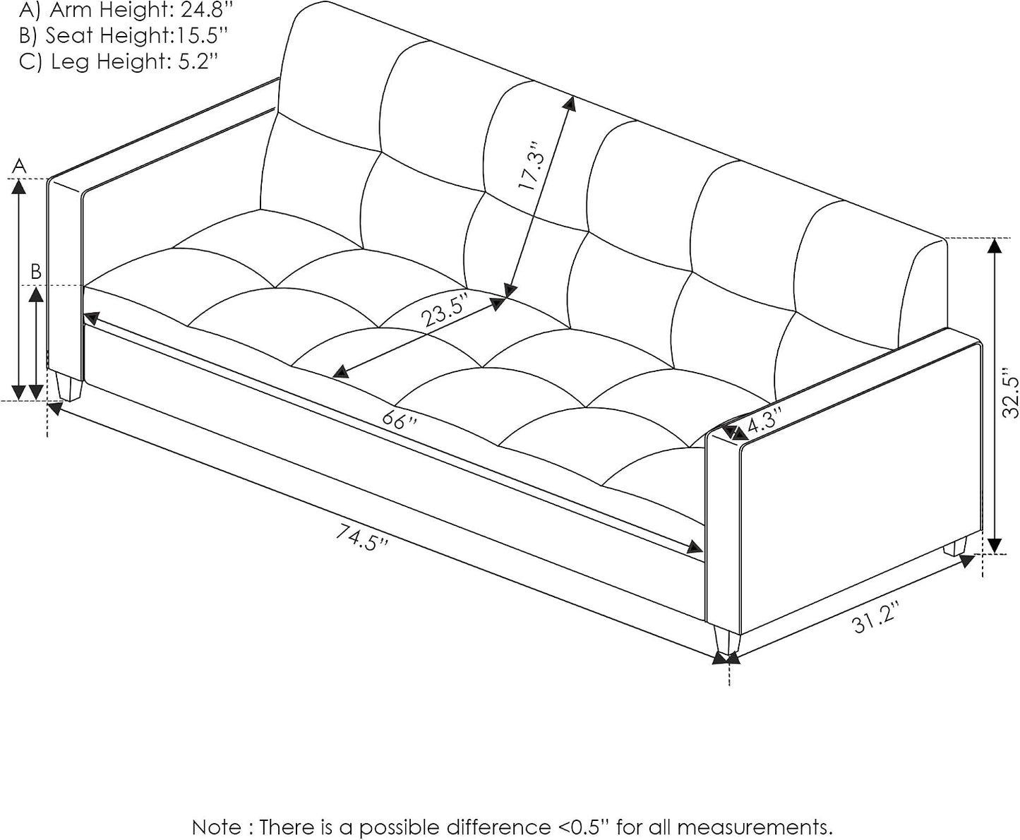 Contemporary Tufted 3-Seater Sofa – Stylish Faux Leather Couch with Cushioned Seating