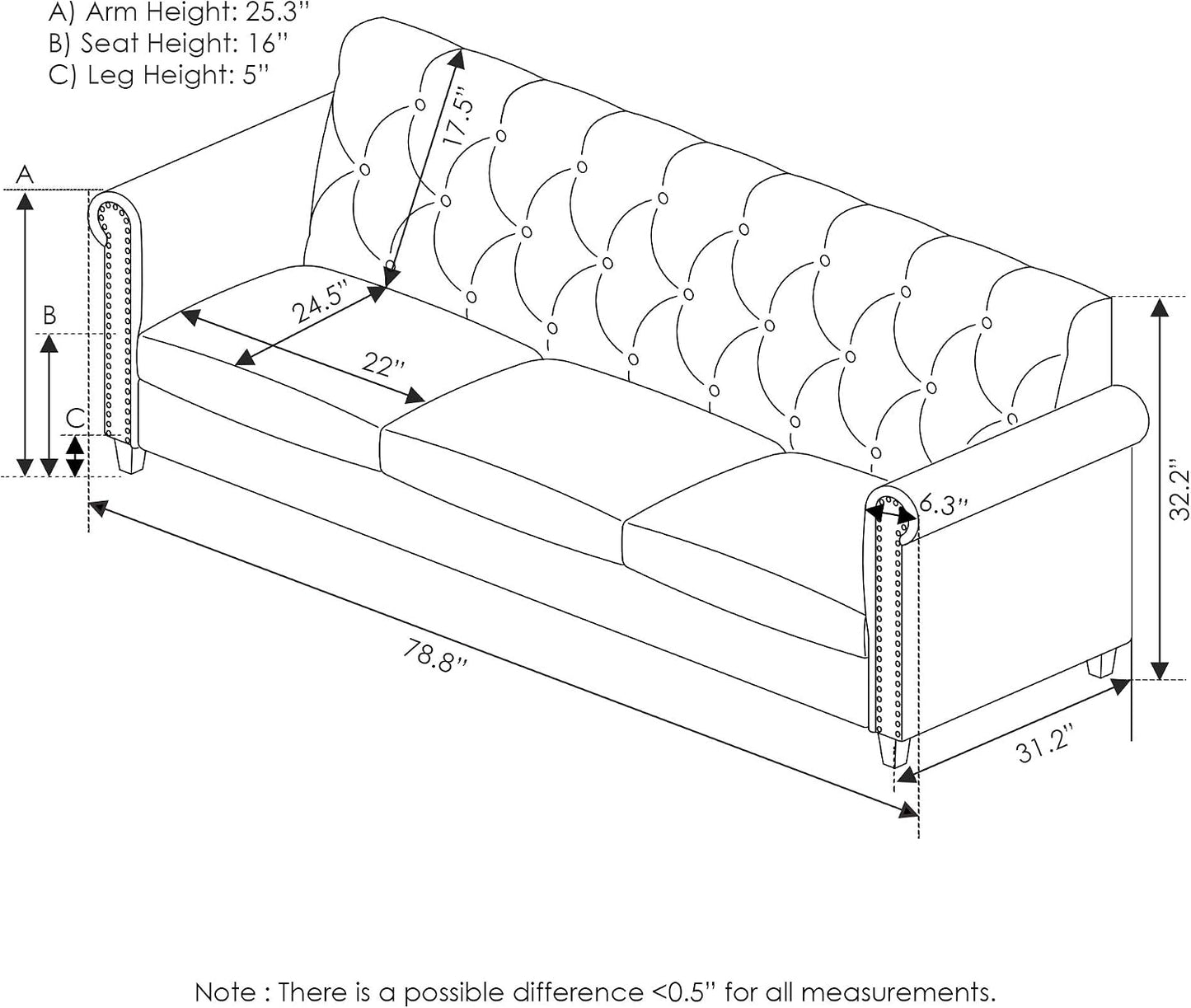 Vintage Tufted 3-Seater Sofa – Elegant Upholstered Couch with Classic Button Details