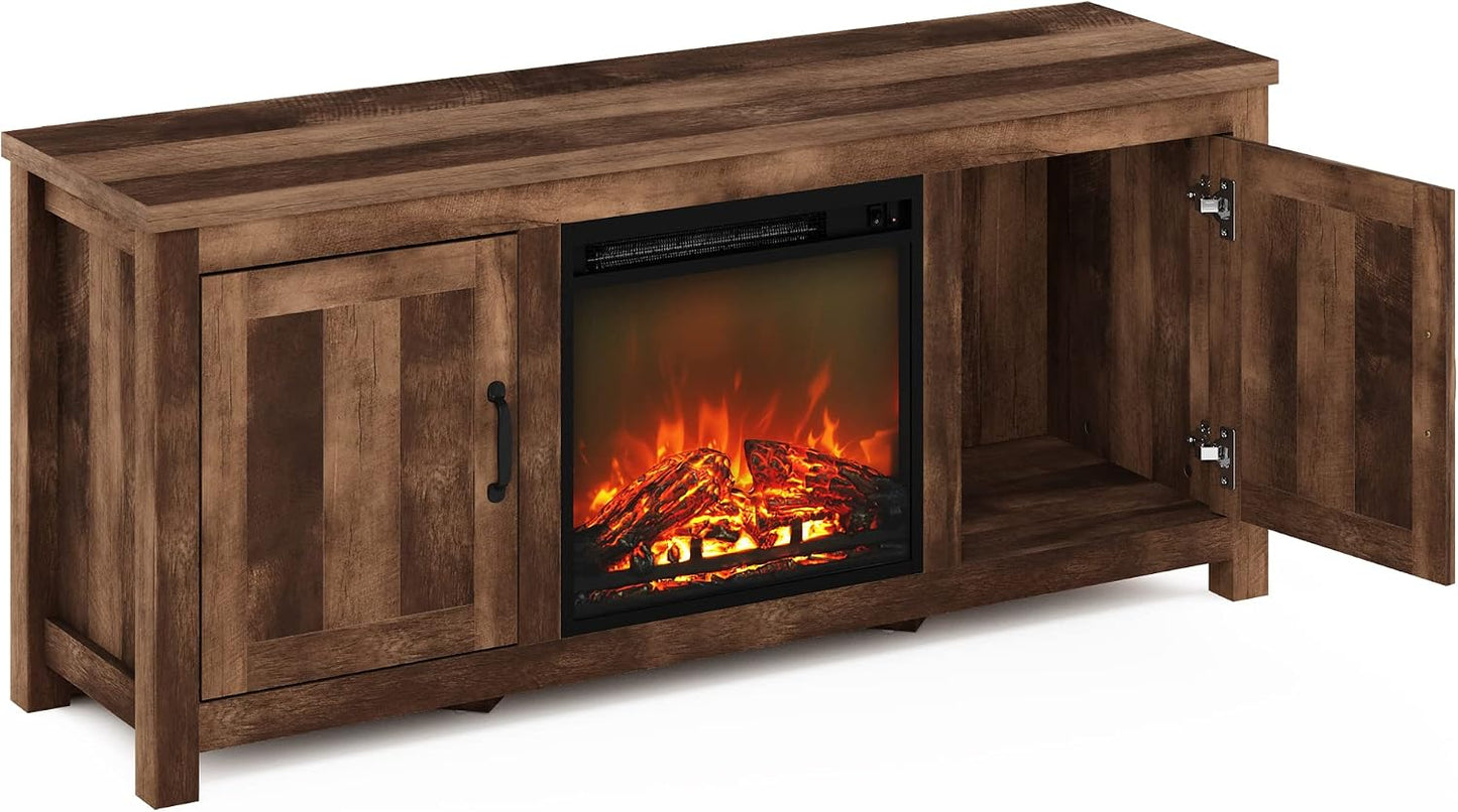 Farmhouse Fireplace TV Stand – Rustic Entertainment Center with Storage Cabinet & Cozy Electric Fireplace