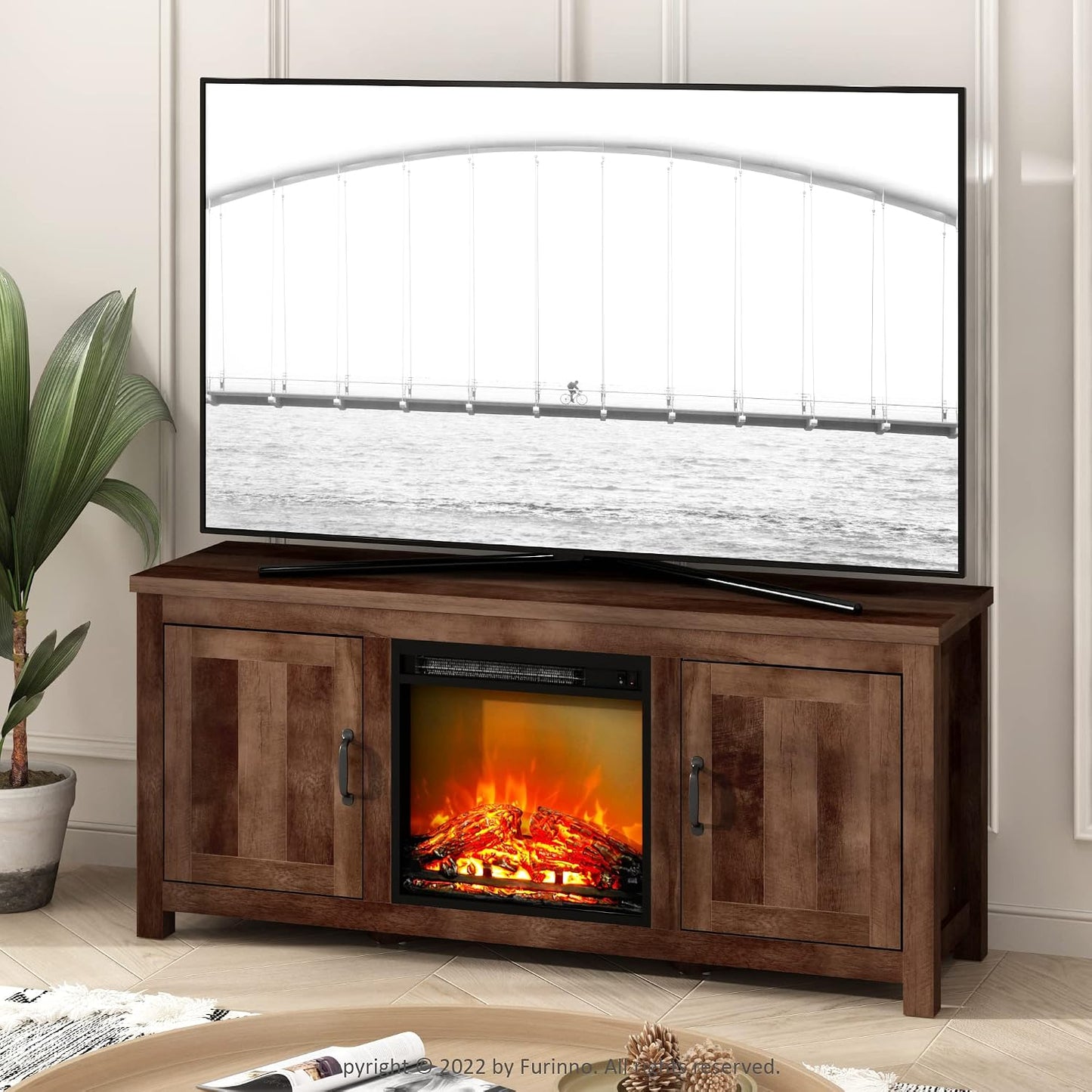 Farmhouse Fireplace TV Stand – Rustic Entertainment Center with Storage Cabinet & Cozy Electric Fireplace