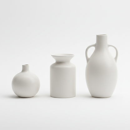 Three ceramic vases showing small, medium, and large sizes