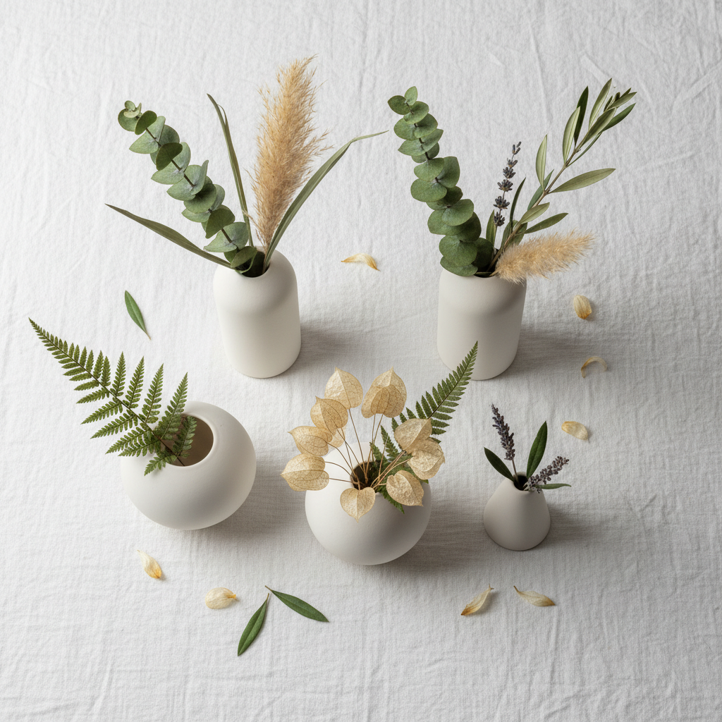 Top-down flat lay of ceramic vase set with dried flowers