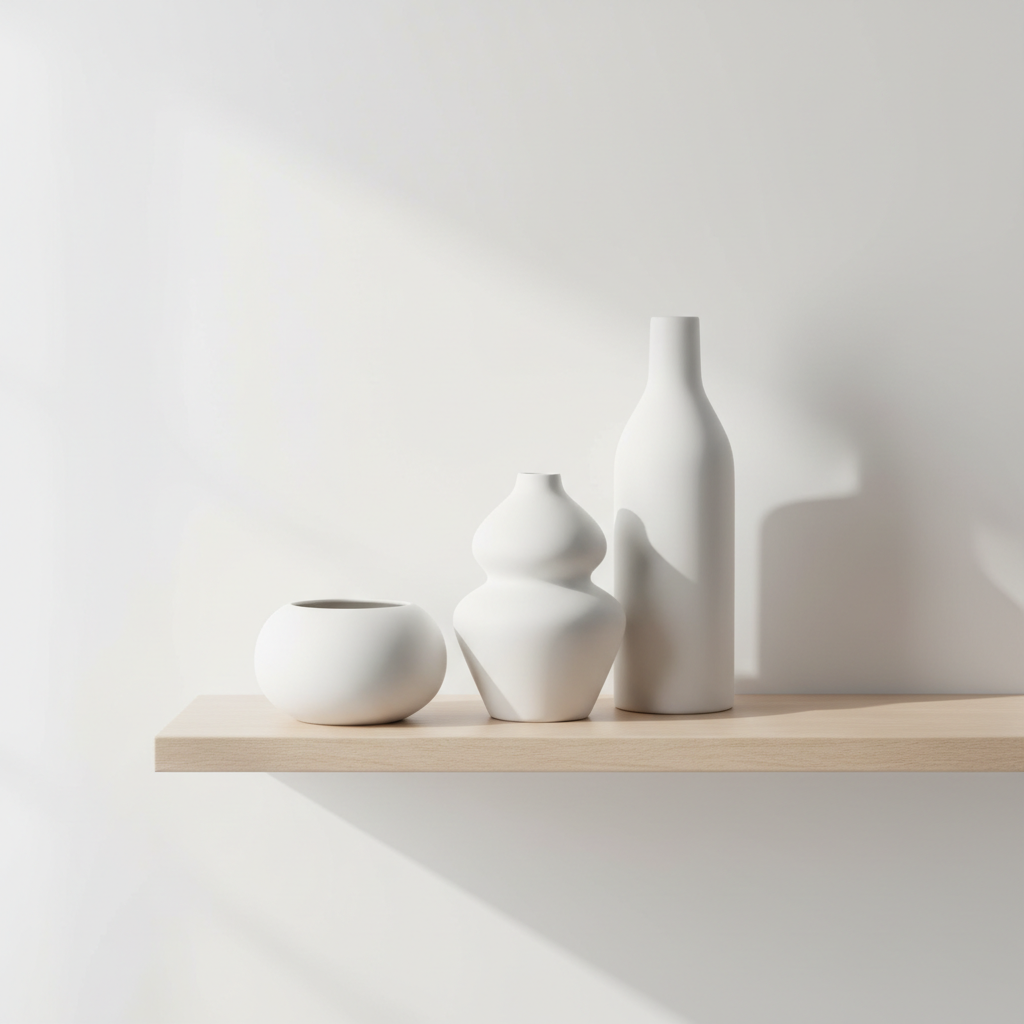 Three minimalist white ceramic vases on a clean white background