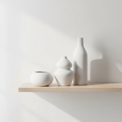 Three minimalist white ceramic vases on a clean white background