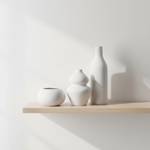 Three minimalist white ceramic vases on a clean white background