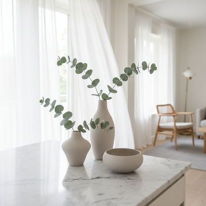 Ceramic vases with eucalyptus branches on a marble countertop