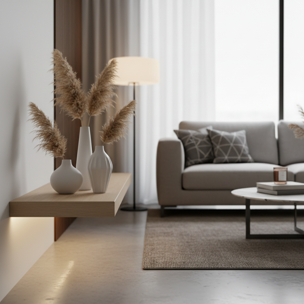 Ceramic vase set styled on a modern shelf with pampas grass